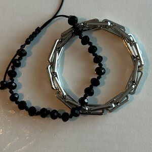 Black Beaded Bracelet and Silver Bangle Set
